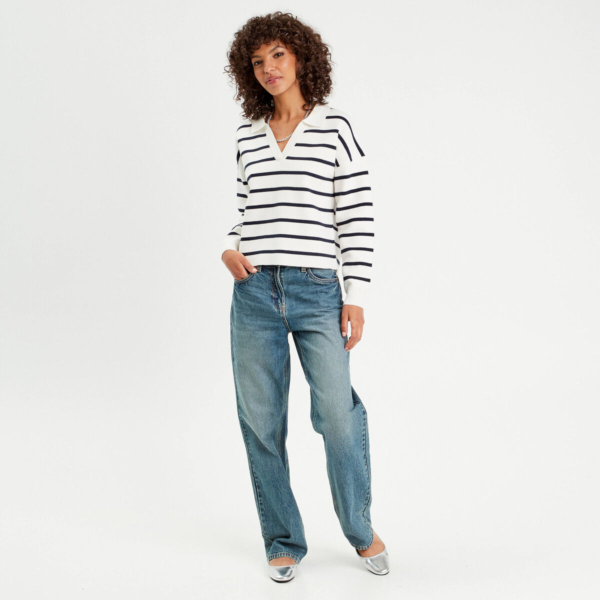 Pull manches longues col polo ecru femme