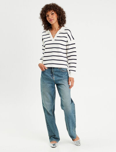Pull manches longues col polo ecru femme