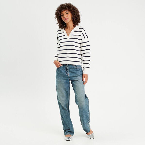 Pull manches longues col polo ecru femme