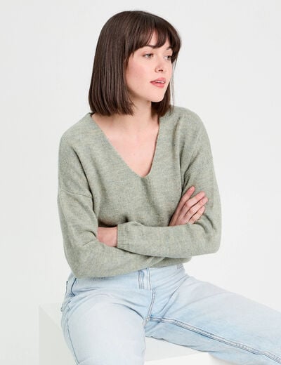 Pull manches longues col en V vert pastel femme