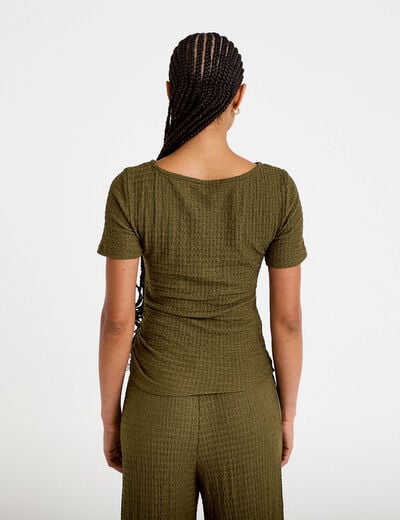 T-shirt col rond manches courtes bijou vert kaki femme