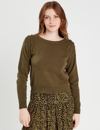 Pull avec boutons épaules vert kaki femme
