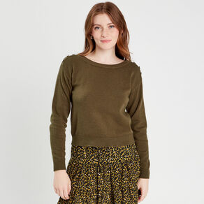 pull avec boutons epaules vert kaki femme Pull avec boutons épaules vert kaki femme