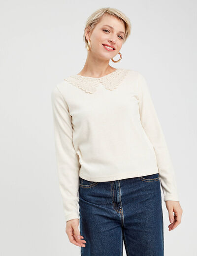 T-shirt col claudine macramé ecru femme