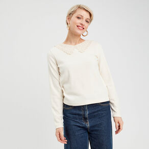 t shirt col claudine macrame ecru femme T-shirt col claudine macramé ecru femme
