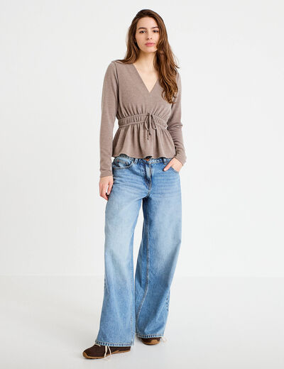 Blouse cintr&eacute;e col v manches longues beige femme