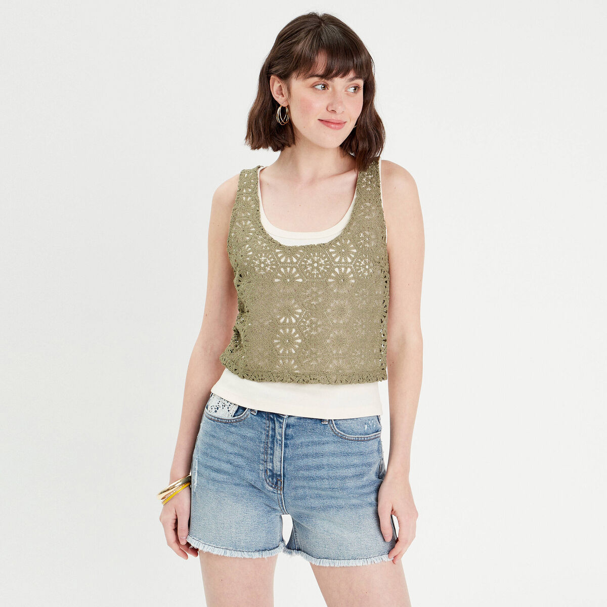 Débardeur 2-en-1 crochet vert kaki femme