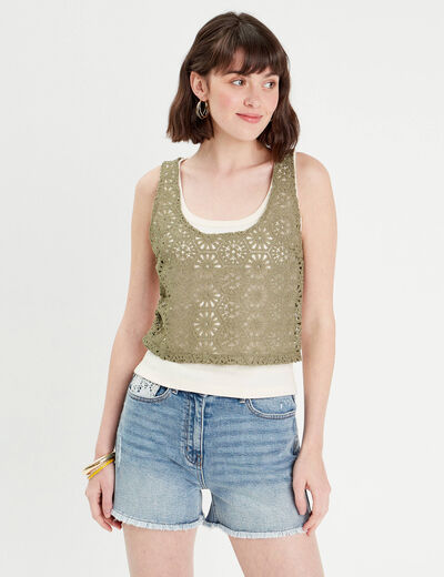 Débardeur 2-en-1 crochet vert kaki femme