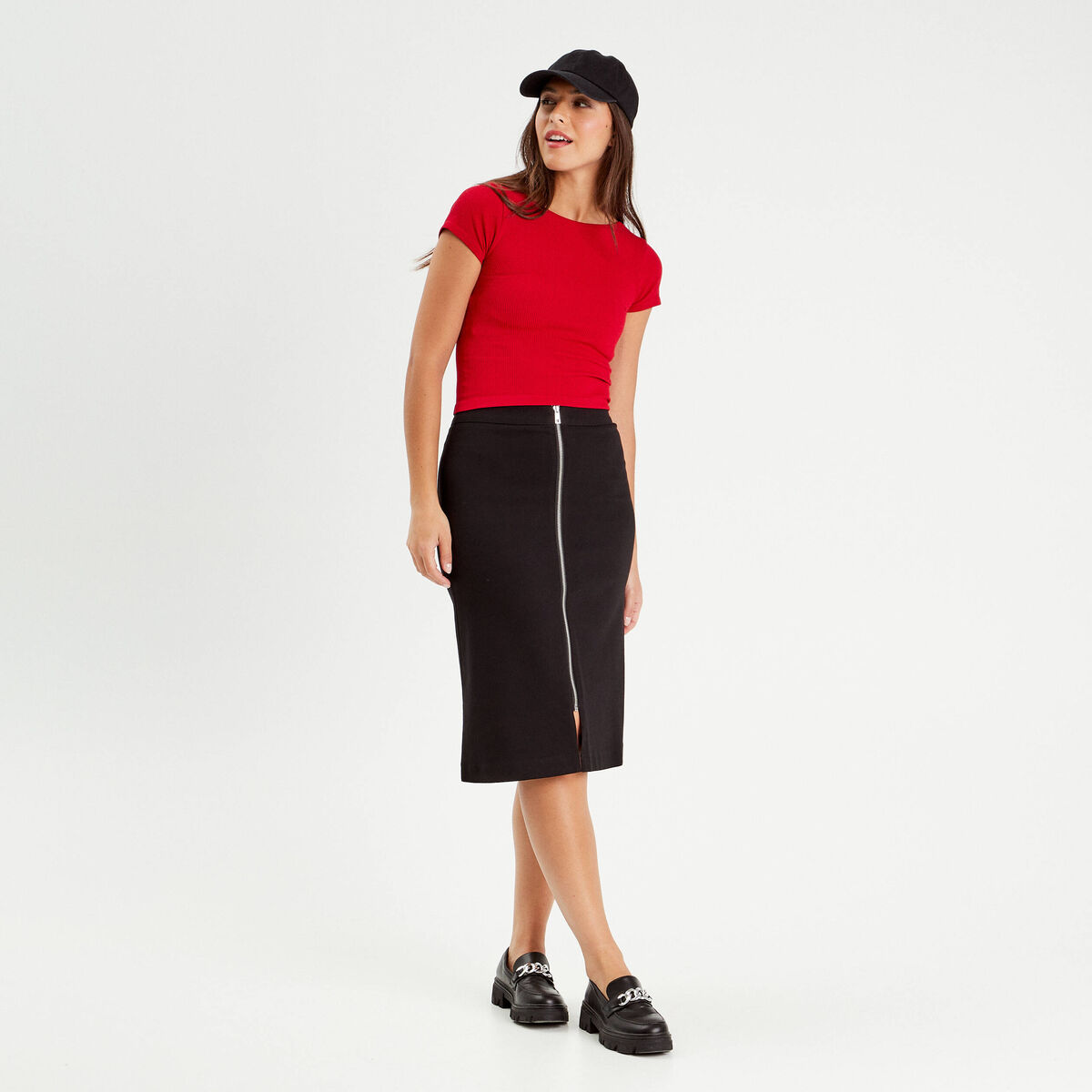 Jupe midi droite zippée noir femme