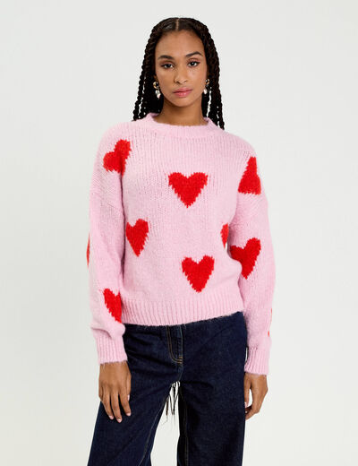 Pull oversize motif coeurs rose clair femme