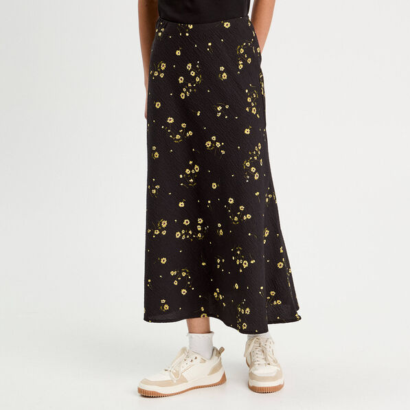 jupe longue evasee fluide jaune femme Jupe longue évasée fluide jaune femme