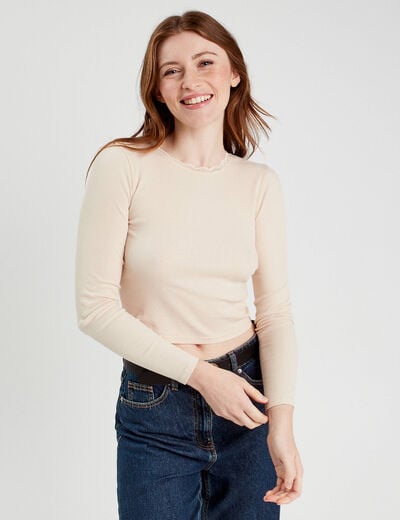 T-shirt cropped côtelé ecru femme