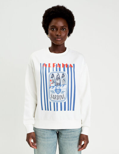 Sweat col rond manches longues ecru femme