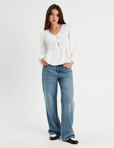 Blouse col en V noeuds ecru femme