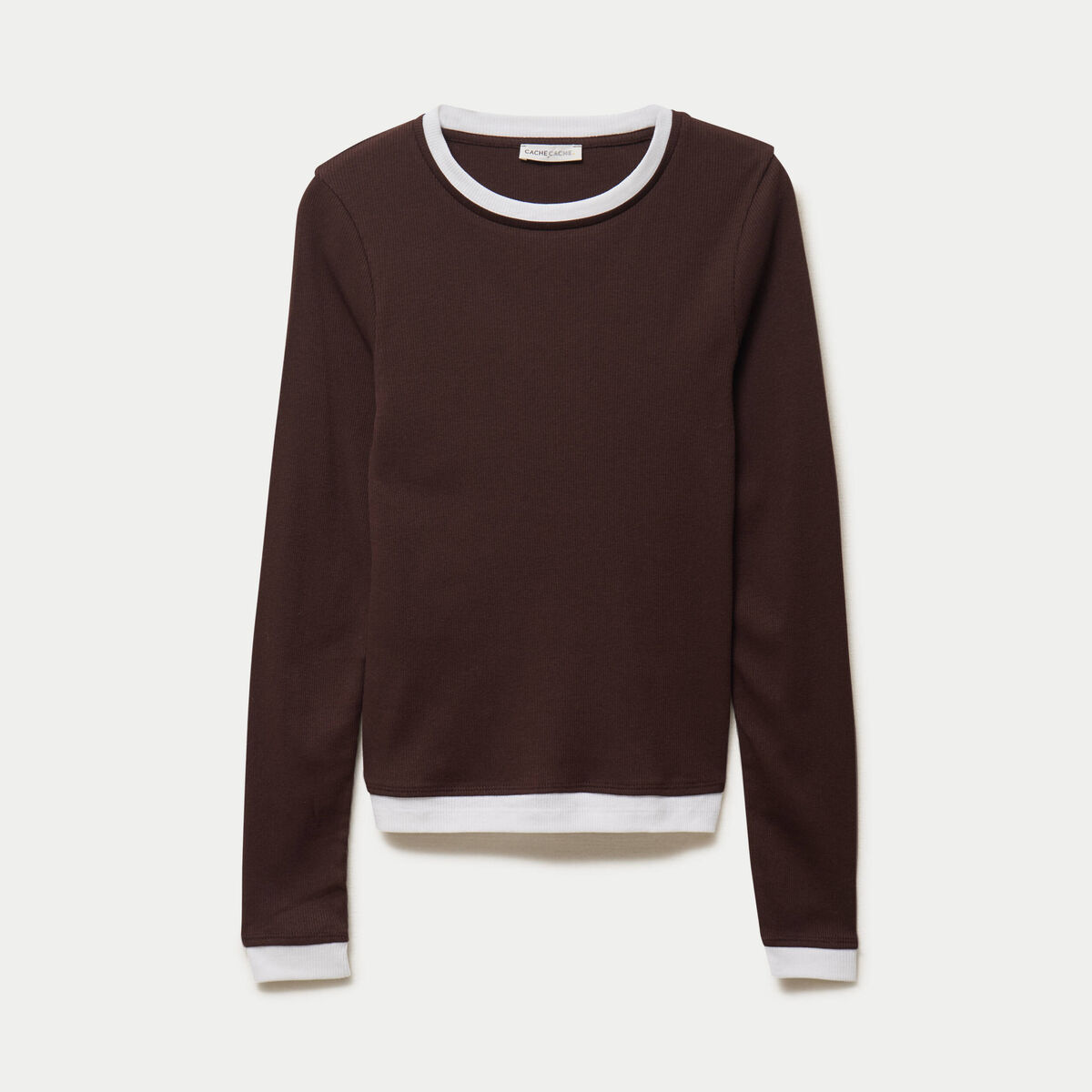 T-shirt 2-en-1 col rond manches longues marron fonc&eacute; femme
