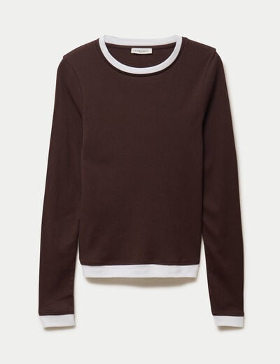 T-shirt 2-en-1 col rond manches longues marron fonc&eacute; femme