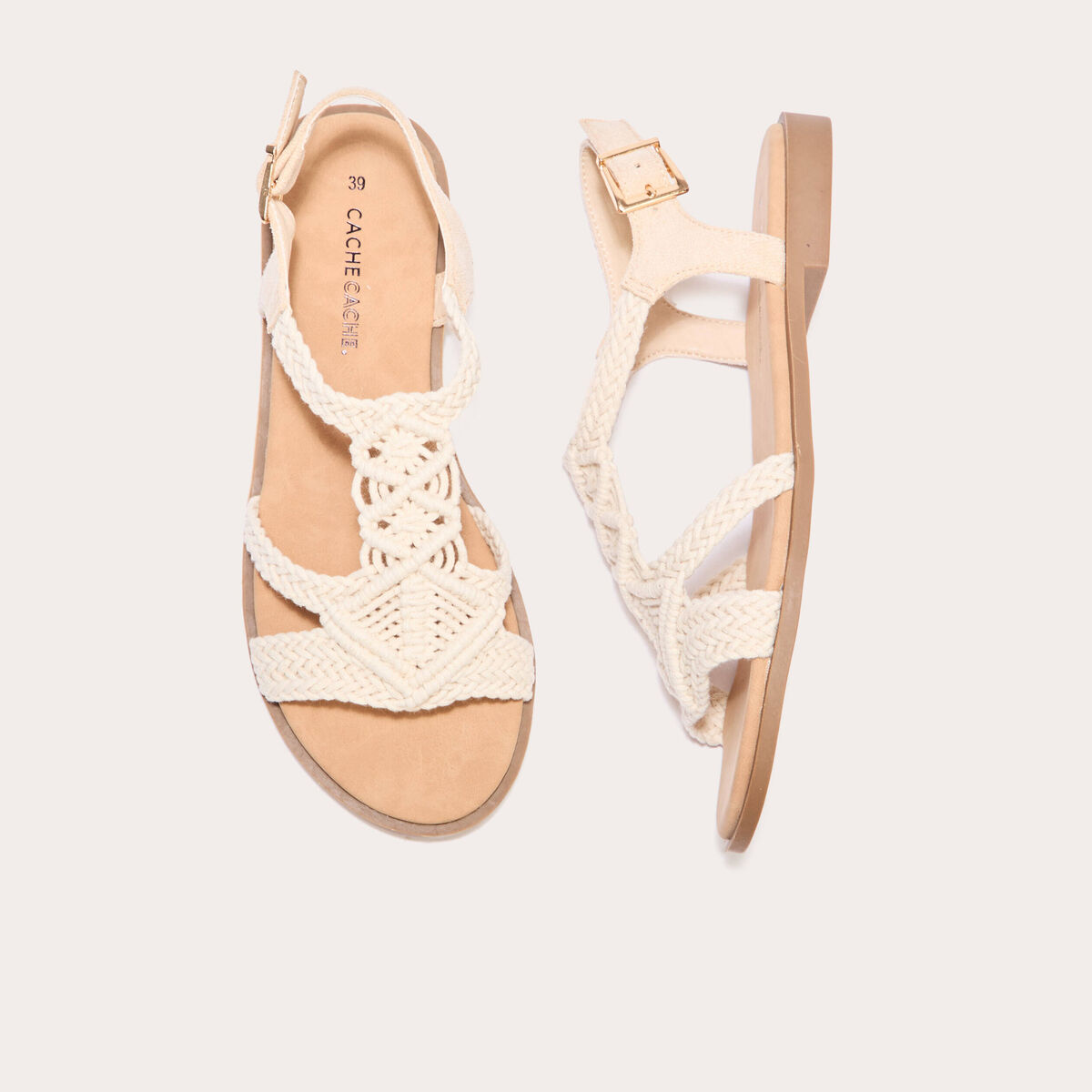 Sandales plates macram&eacute; sable femme