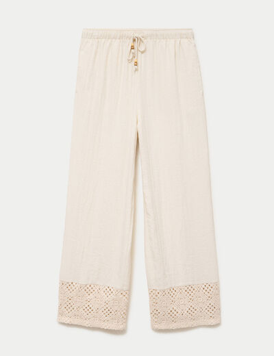 Pantalon large bi-mati&egrave;re pliss&eacute; ecru femme