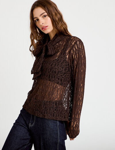 Blouse droite col montant dentelle marron fonc&eacute; femme