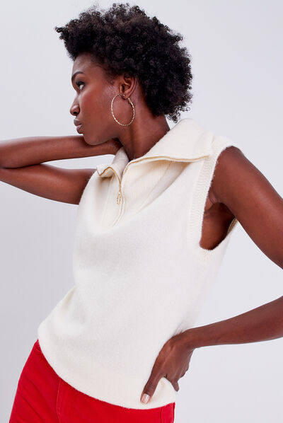 Pull débardeur avec col zippé ecru femme