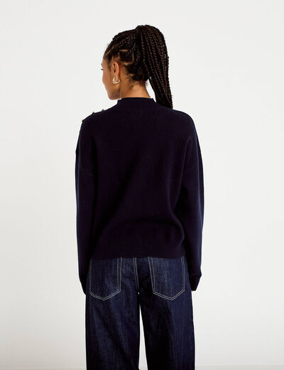 Pull col montant manches longues bleu marine femme