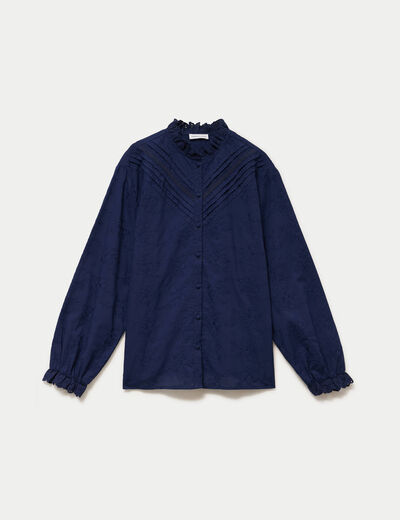 Blouse ample col montant manches longues bleu marine femme