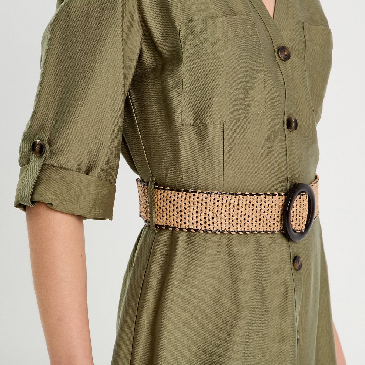 Robe chemise trapèze ceinturée vert kaki femme