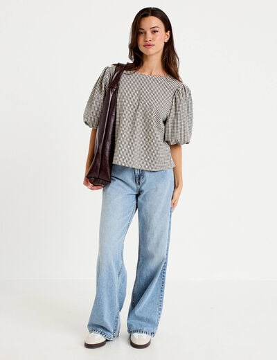 Blouse effet boule manches courtes bleu femme