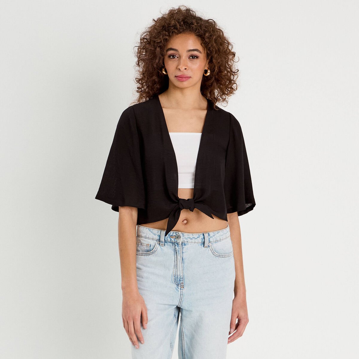 Blouse nouée cropped noir femme