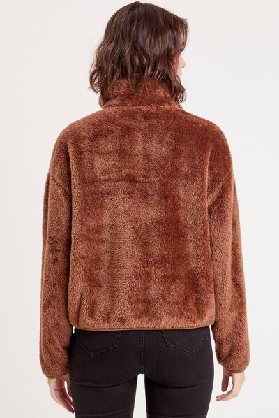 Sweat fausse fourrure boutonné marron femme