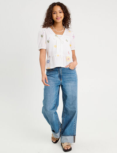 Blouse nouée brodée blanc femme