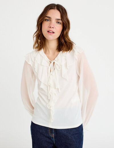 Blouse col v manches longues ecru femme