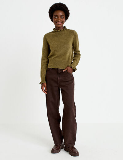 Pull ajust&eacute; col montant manches longues vert kaki femme