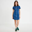 Robe trap&egrave;ze courte en jean col chemise denim double stone femme