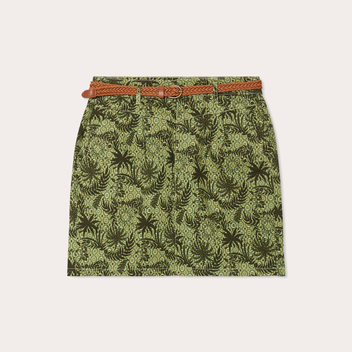 Jupe chino droite ceintur&eacute;e vert femme