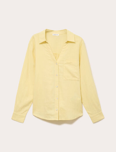 Chemise lin col V manches longues jaune pastel femme