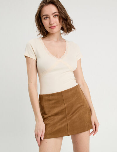 Jupe-short évasée suédine marron femme
