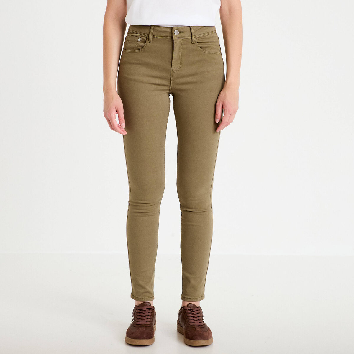 Jeans slim 5 poches vert kaki femme