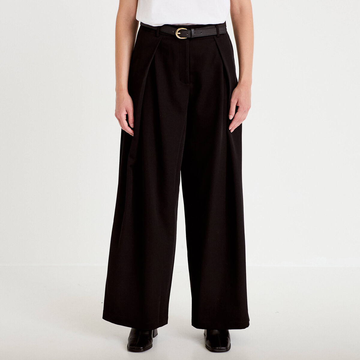 Pantalon large avec ceinture amovible noir femme