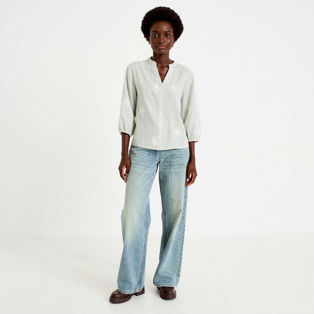 Blouse col tunisien vert kaki femme