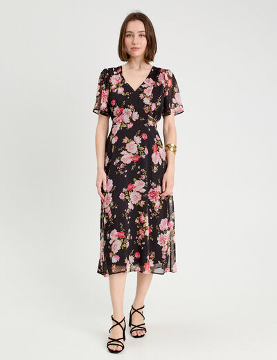 Robe midi évasée col en V noir femme