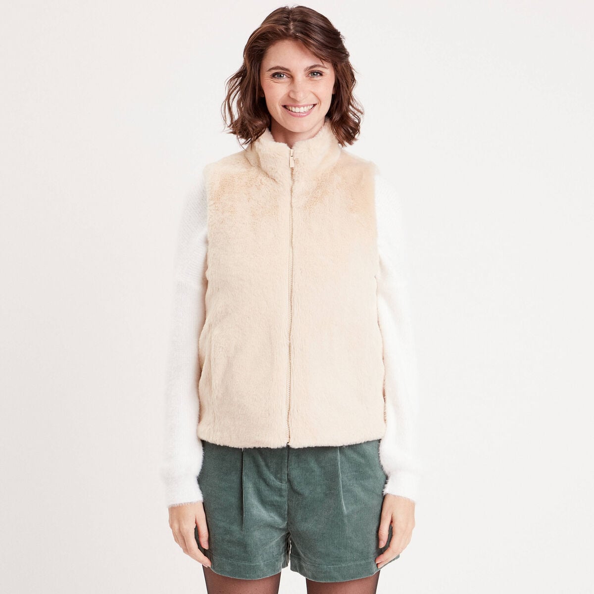 Veste sans manches fermeture zipp&eacute;e ivoire femme