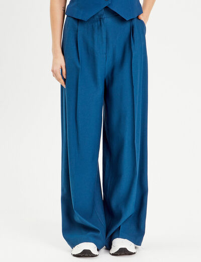 Pantalon large avec pinces bleu marine femme