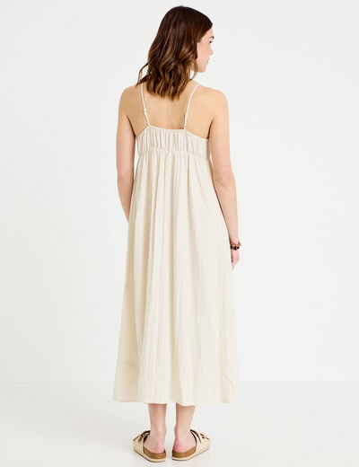 Robe bi-mati&egrave;re col v bretelles fines ecru femme