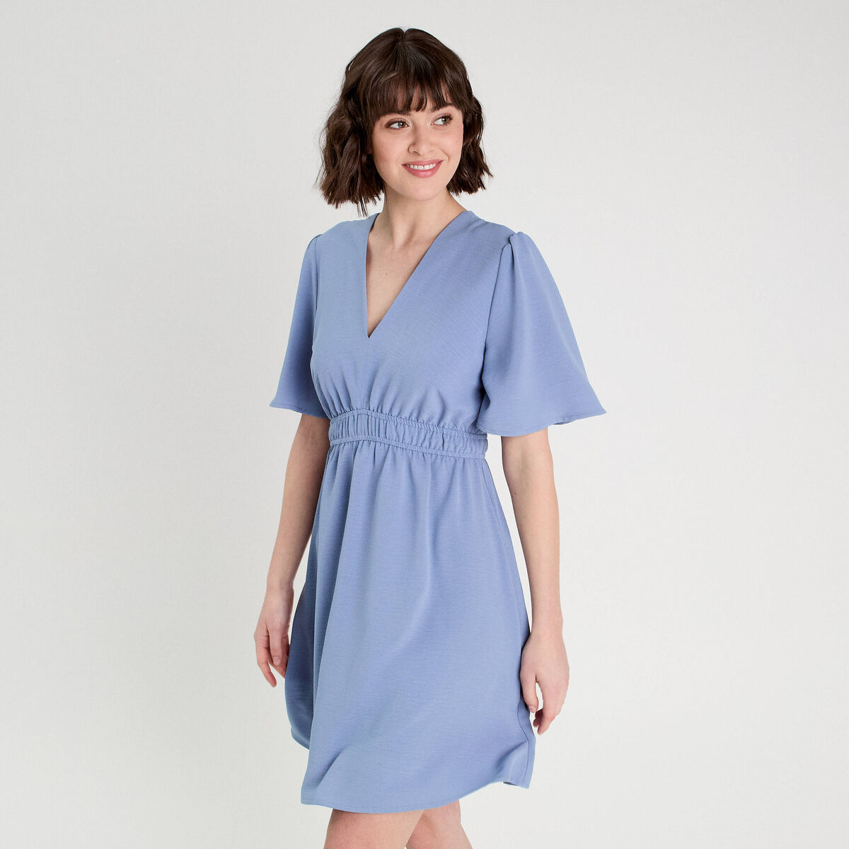 Robe évasée taille élastiquée bleu gris femme