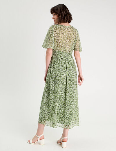 Robe longue évasée col en V vert femme