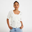 Gilet col v manches courtes brod&eacute; ecru femme