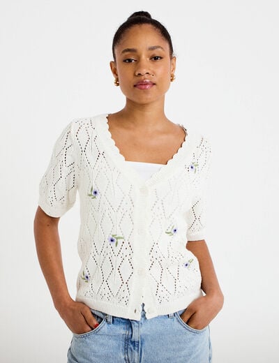 Gilet col v manches courtes brod&eacute; ecru femme