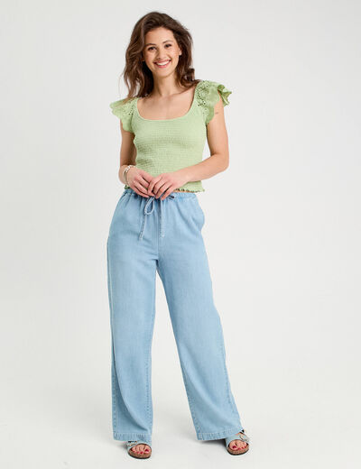 T-shirt smocké avec broderie vert clair femme