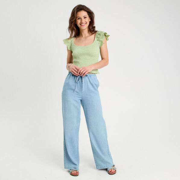 T-shirt smocké avec broderie vert clair femme